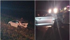 Tres heridos graves en choque entre dos autos y un camión.